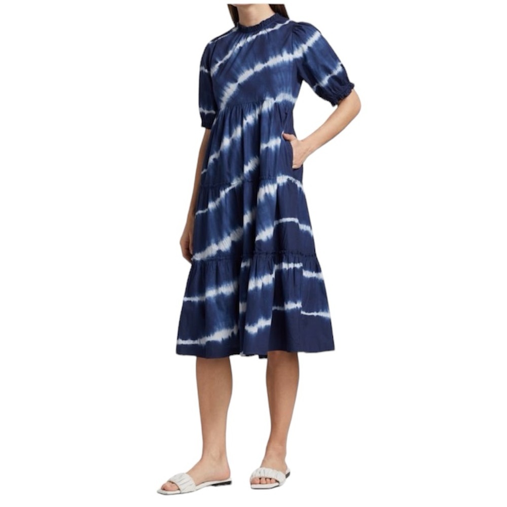 Generation Love Blue Christie Tie Die Ruffle 100% Cotton Midi Dress Small
